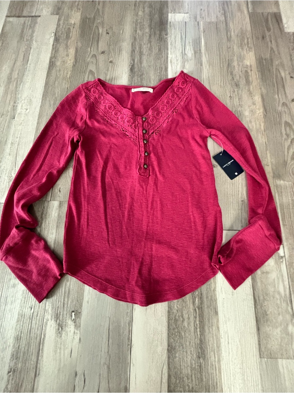 Lucky Brand Raspberry Lace-Trim Henley Long-Sleeve Top